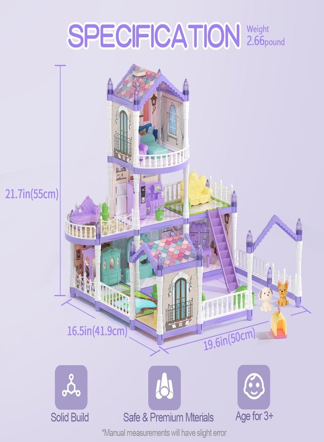 randhar Dollhouse Set with 2 Dolls&4 unicons Dreamy Doll House with 9 Rooms 3 Floors 2 Pets, 12 Pieces Furniture and Accessories, Birthday Princess Dollhouse for Girls for 3 to 12 Years Old - Image 3